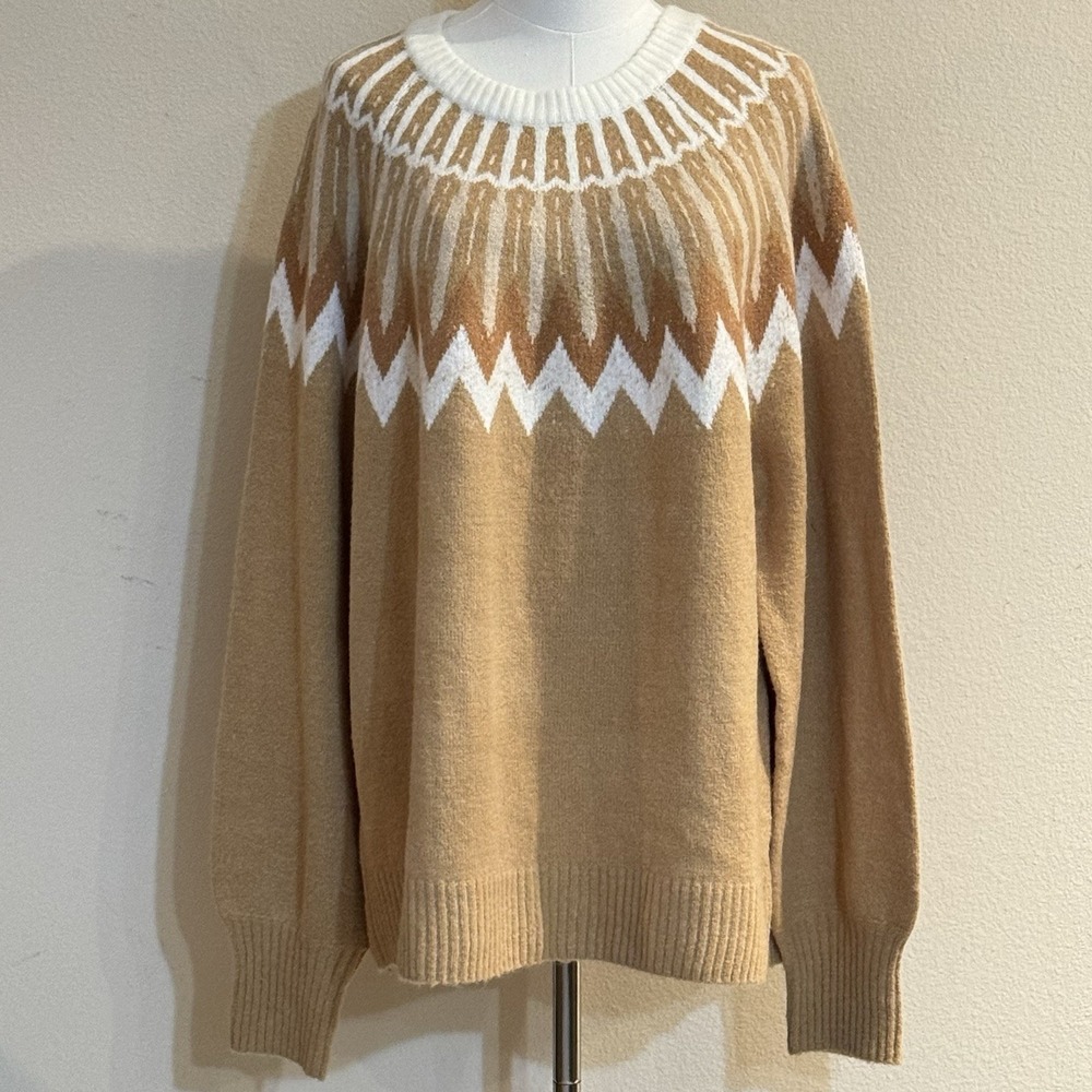 French Connection Essentials Fair Isle Sweater XXL Tan Brown Nordic Pullover